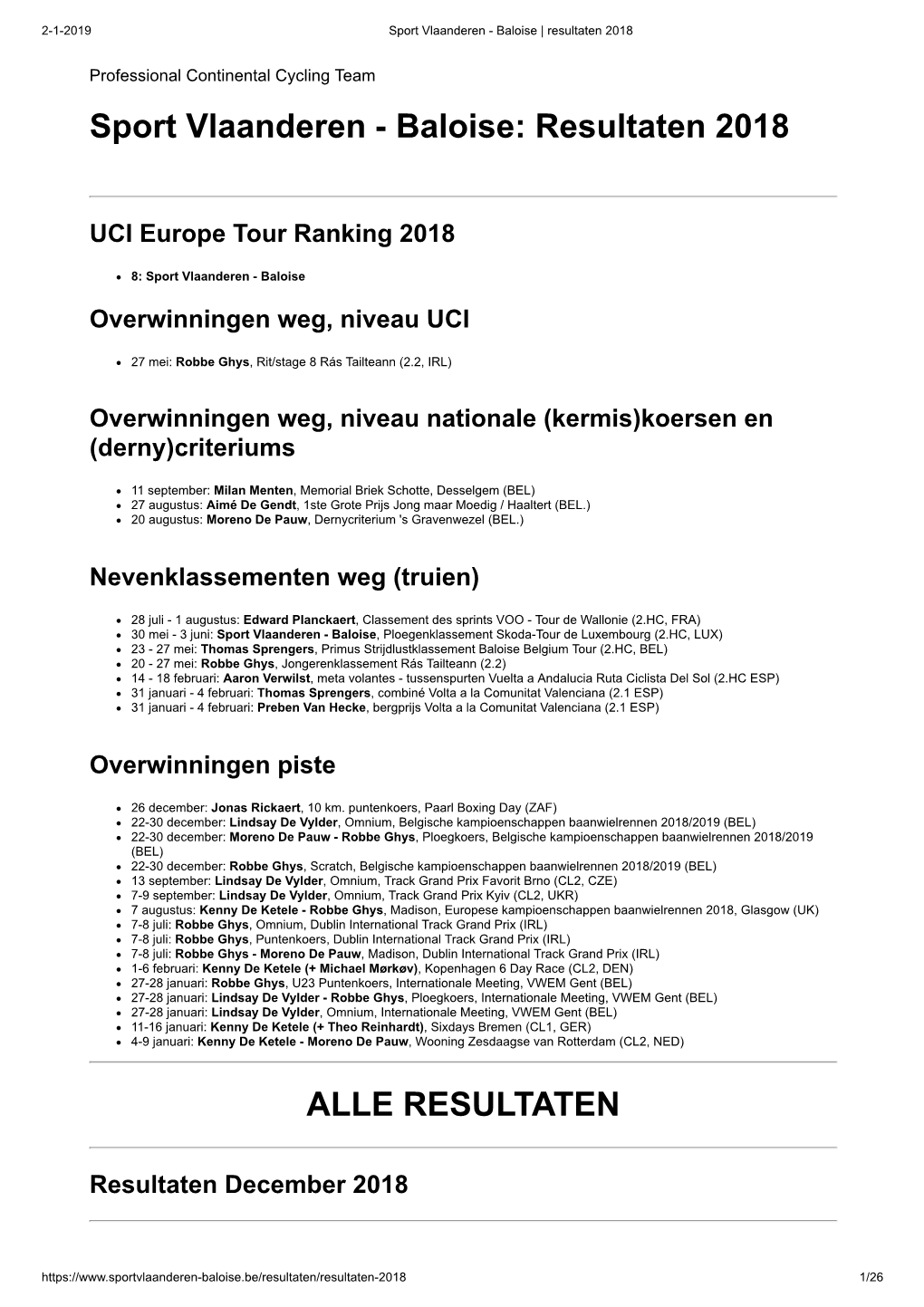 Resultaten 2018 ALLE RESULTATEN