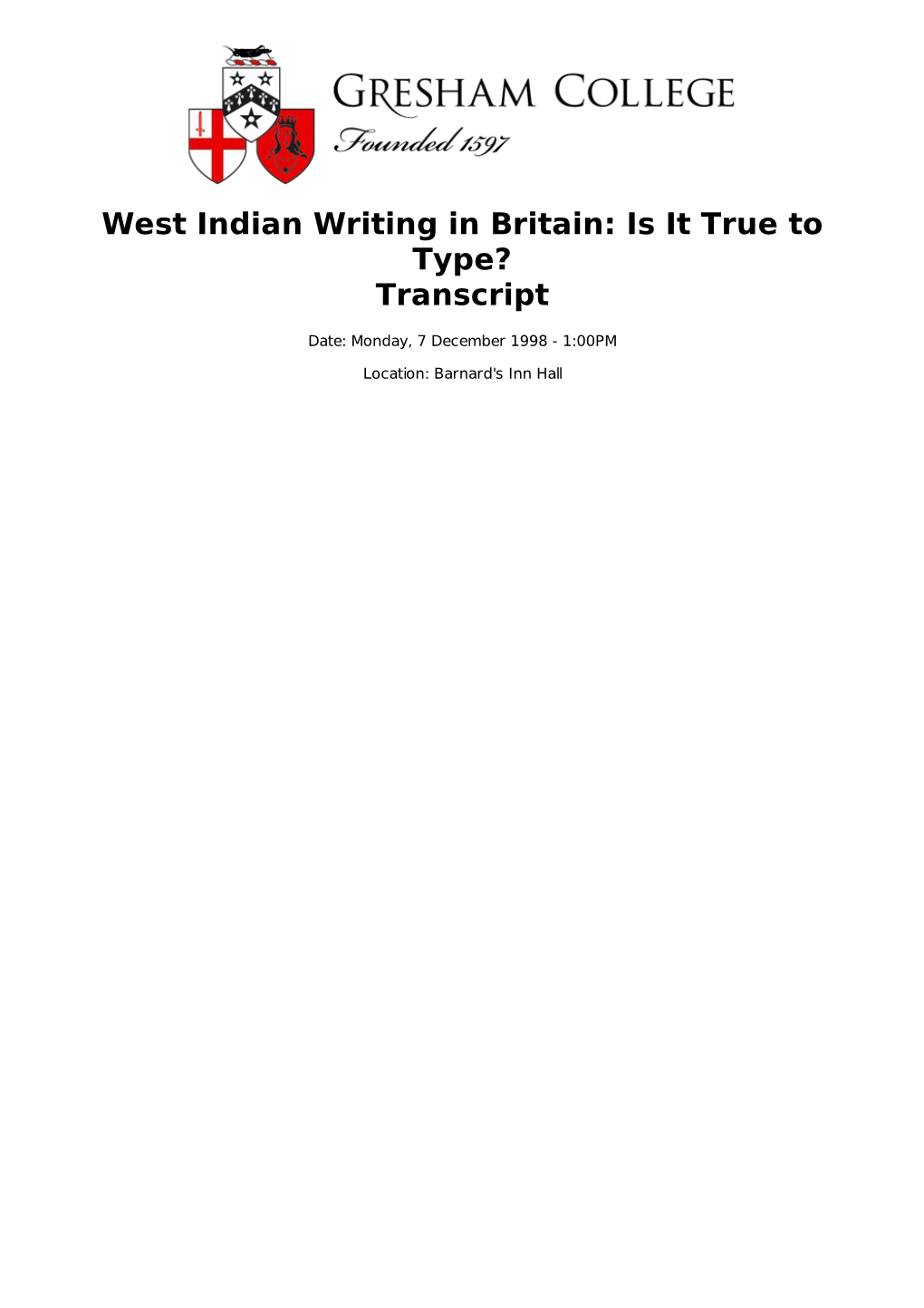 West Indian Writing in Britain: Is It True to Type? Transcript