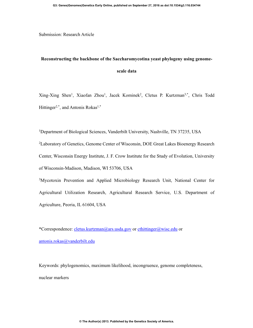 Research Article Reconstructing the Backbone of the Saccharomycotina