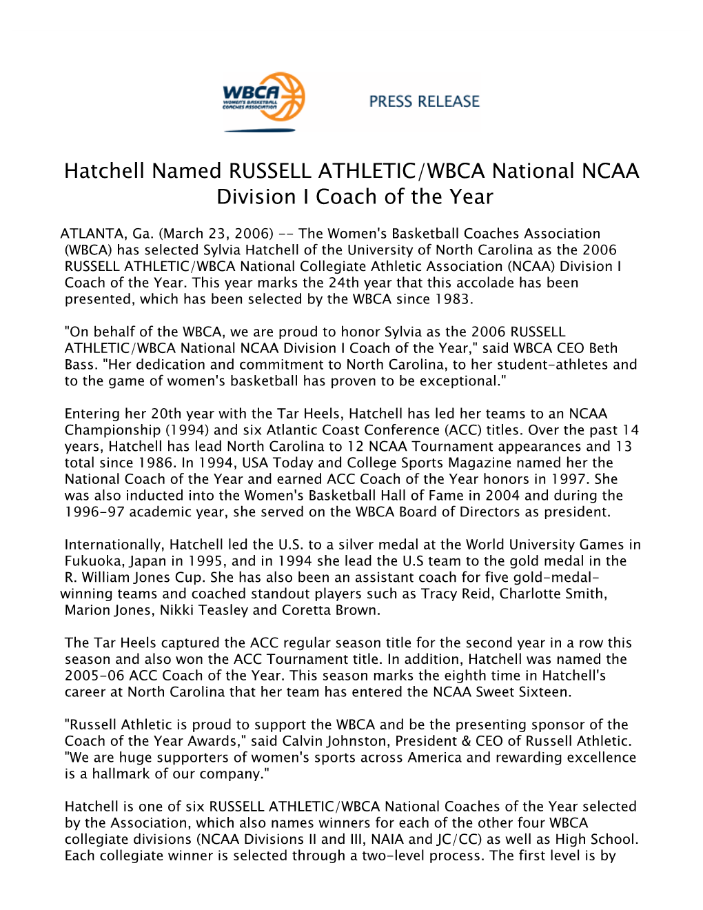 Hatchell Named RUSSELL ATHLETIC/WBCA National NCAA Division I Coach of the Year