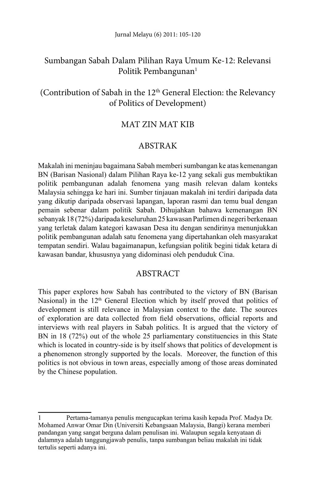 Relevansi Politik Pembangunan1 (Contribution of Sabah in the 12Th