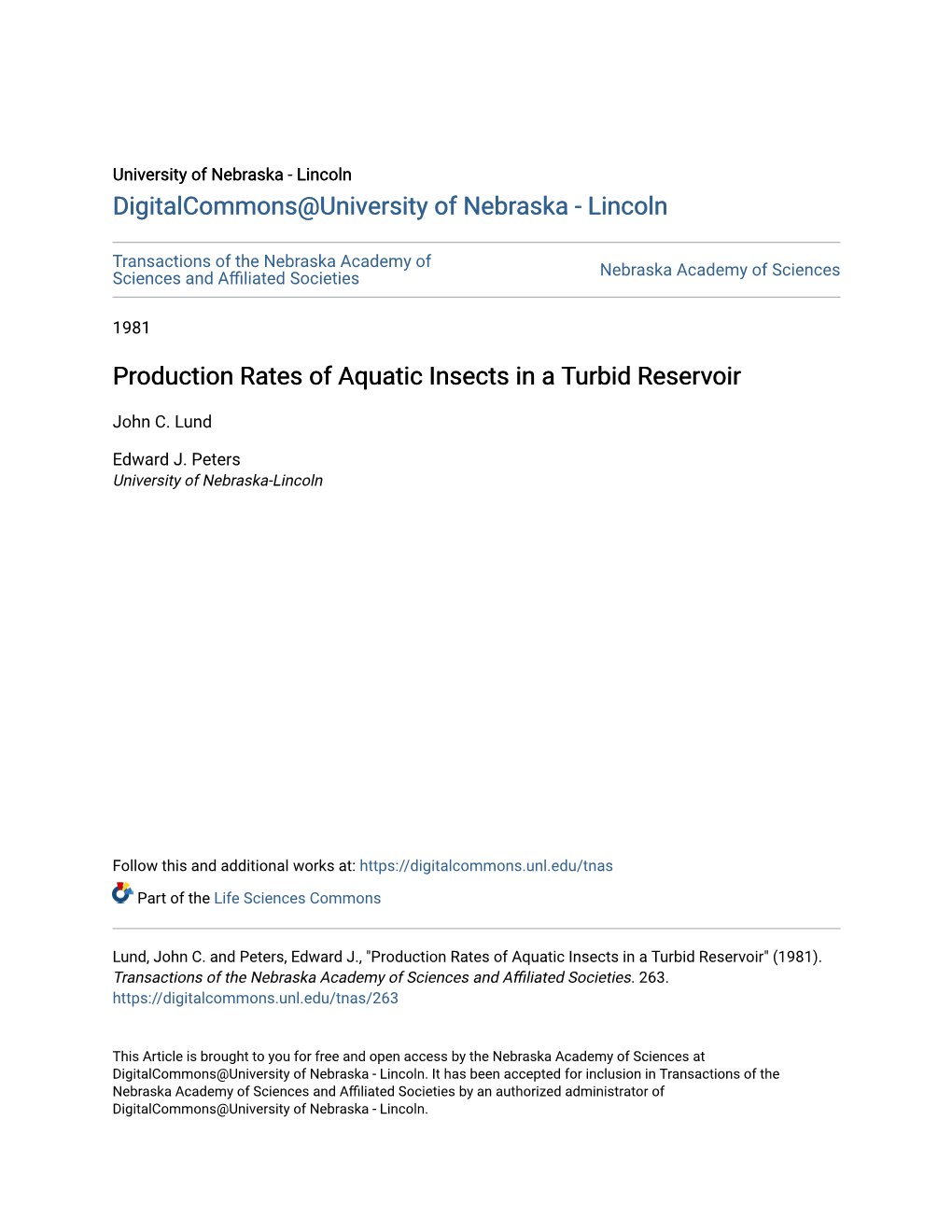 Production Rates of Aquatic Insects in a Turbid Reservoir