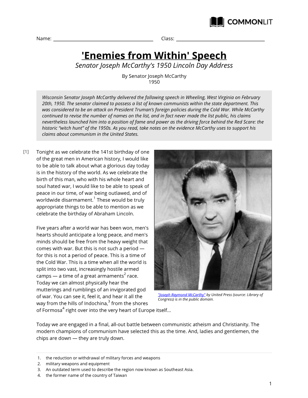 Speech Senator Joseph Mccarthy's 1950 Lincoln Day Address by Senator Joseph Mccarthy 1950