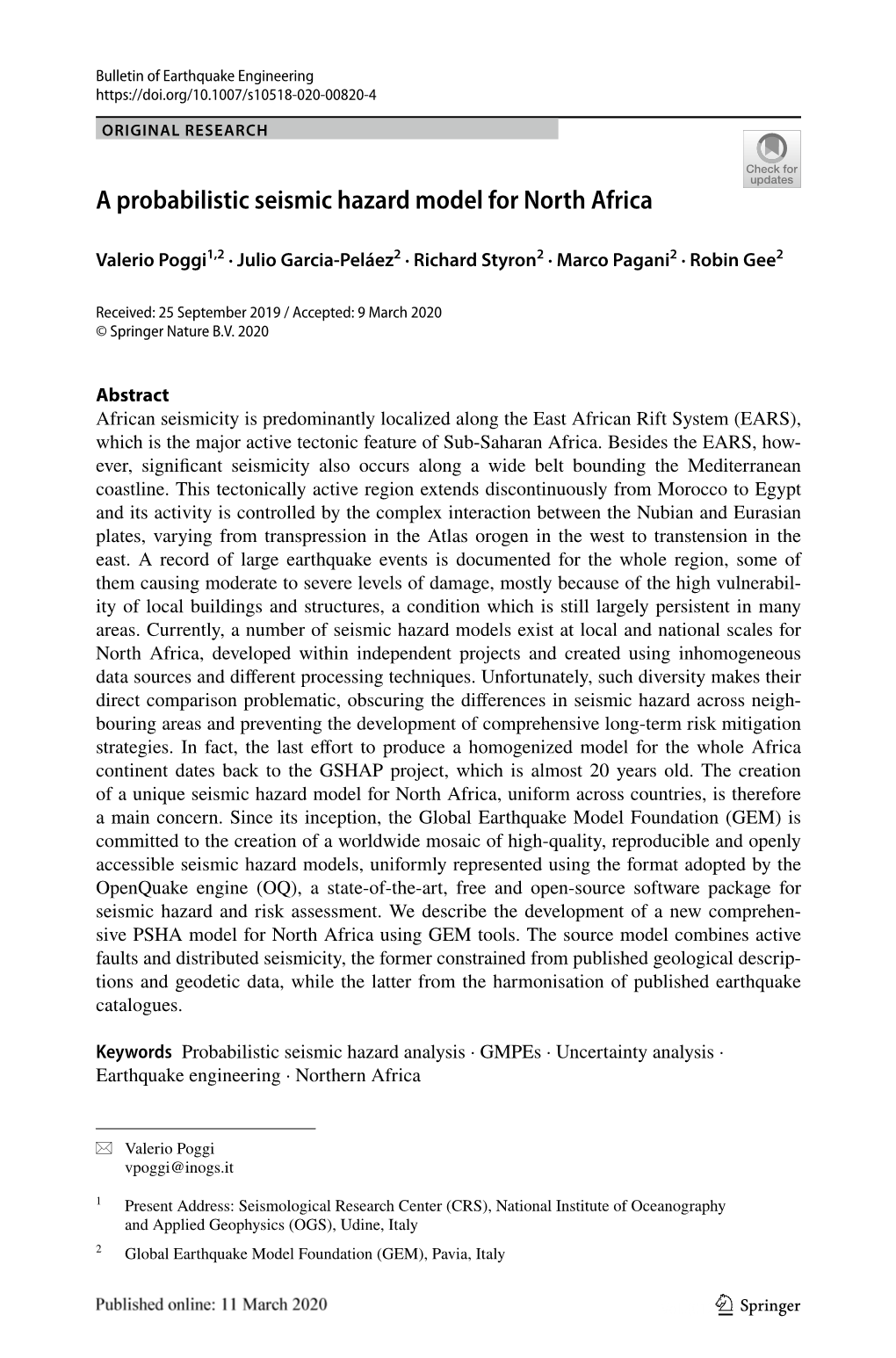 A Probabilistic Seismic Hazard Model for North Africa