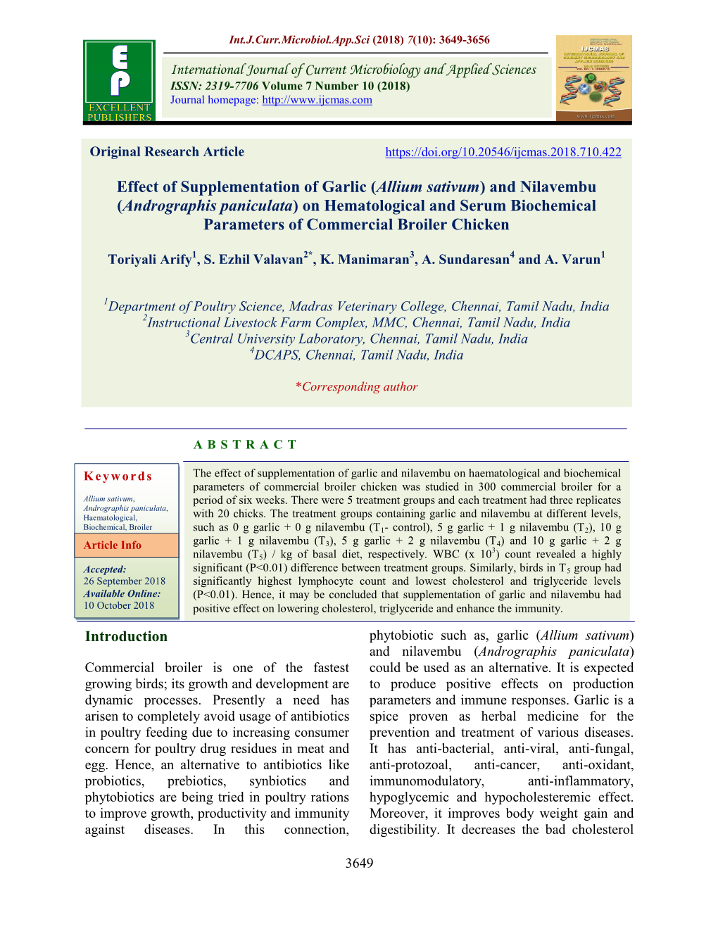 Andrographis Paniculata) on Hematological and Serum Biochemical Parameters of Commercial Broiler Chicken