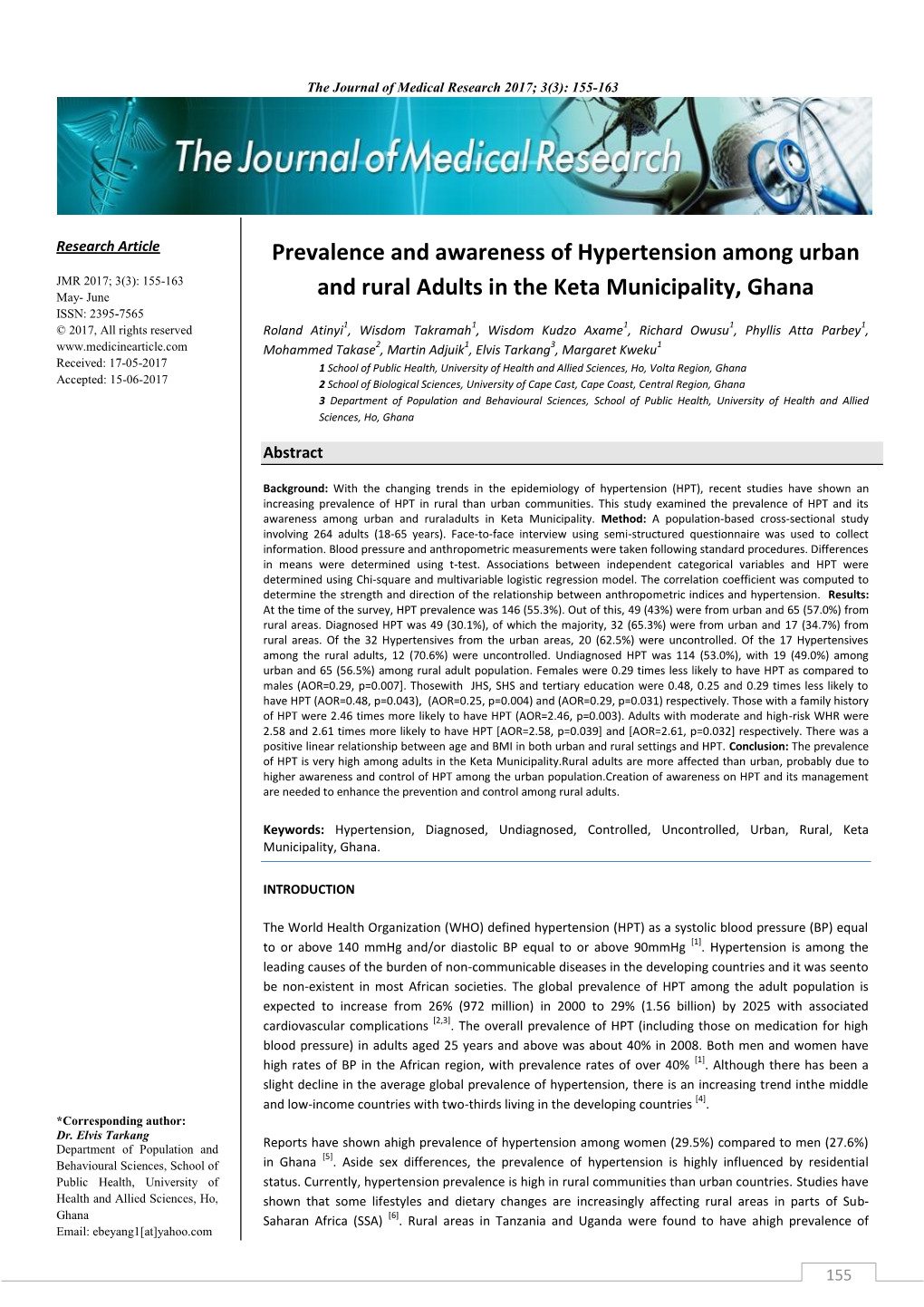 Prevalence and Awareness of Hypertension Among Urban And