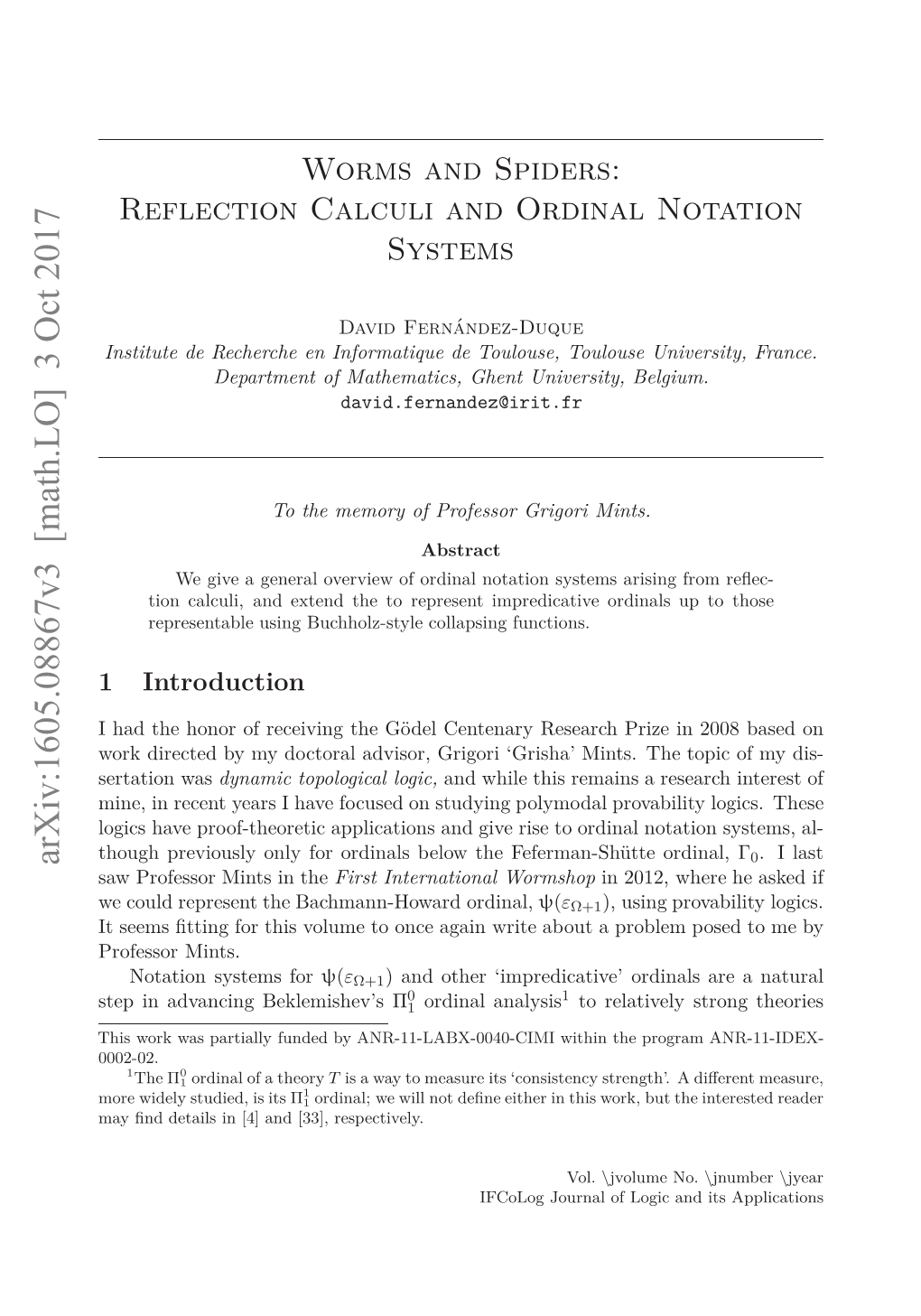 Worms and Spiders: Reflection Calculi and Ordinal Notation Systems