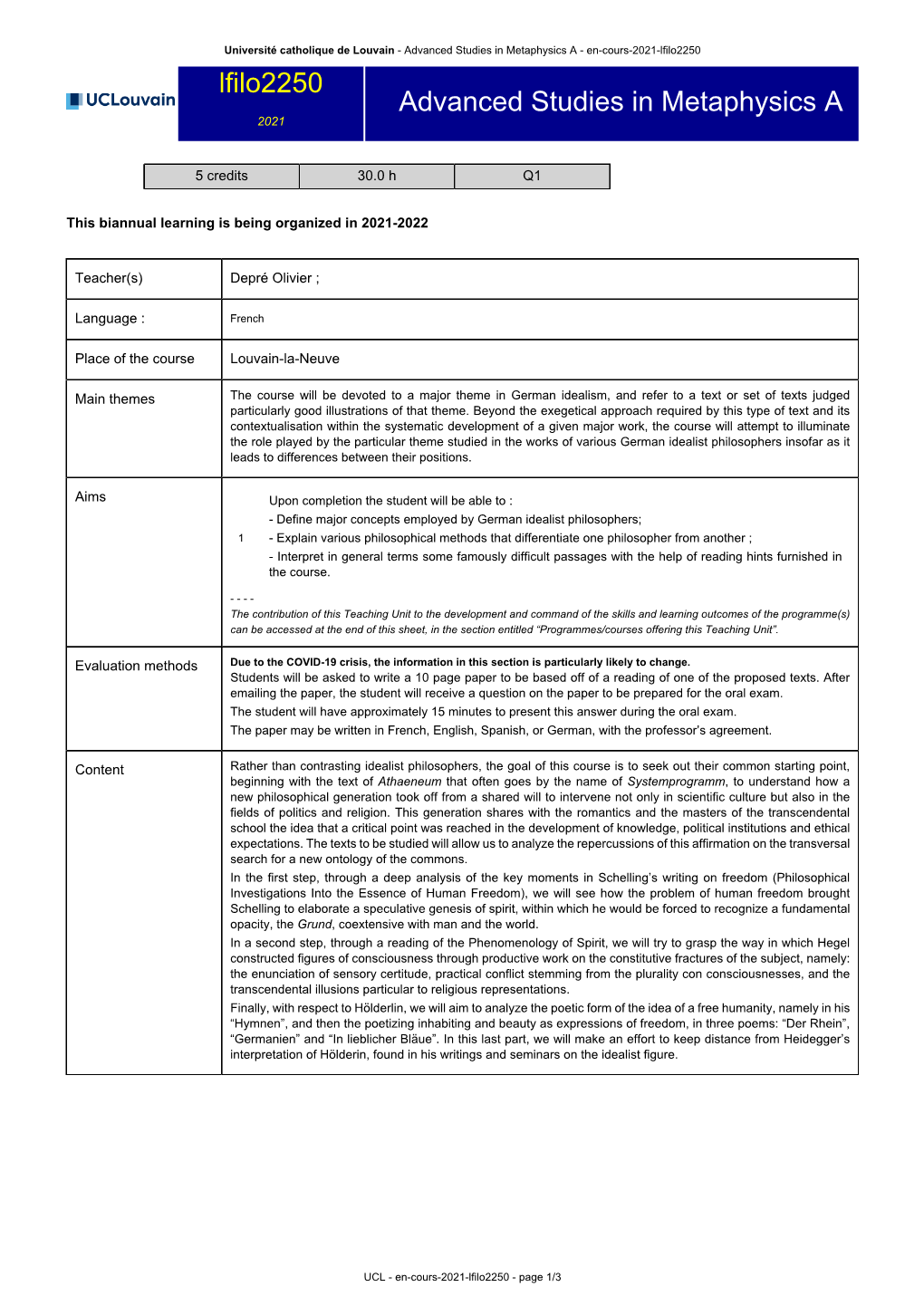 Advanced Studies in Metaphysics a - En-Cours-2021-Lfilo2250 Lfilo2250 Advanced Studies in Metaphysics a 2021