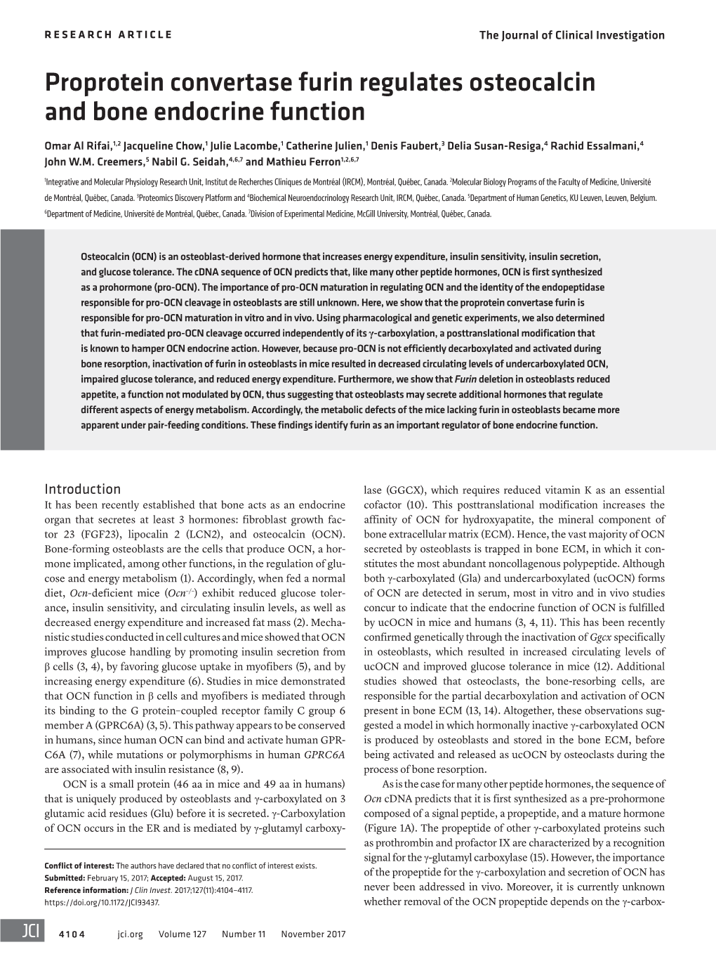 Proprotein Convertase Furin Regulates Osteocalcin and Bone Endocrine Function