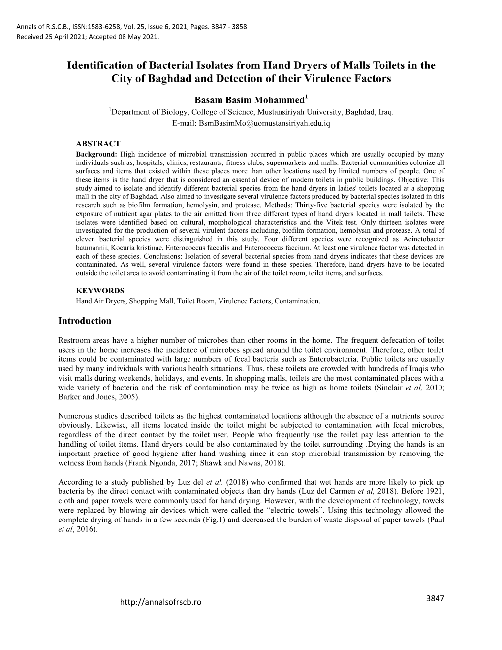 Identification of Bacterial Isolates from Hand Dryers of Malls Toilets in the City of Baghdad and Detection of Their Virulence Factors