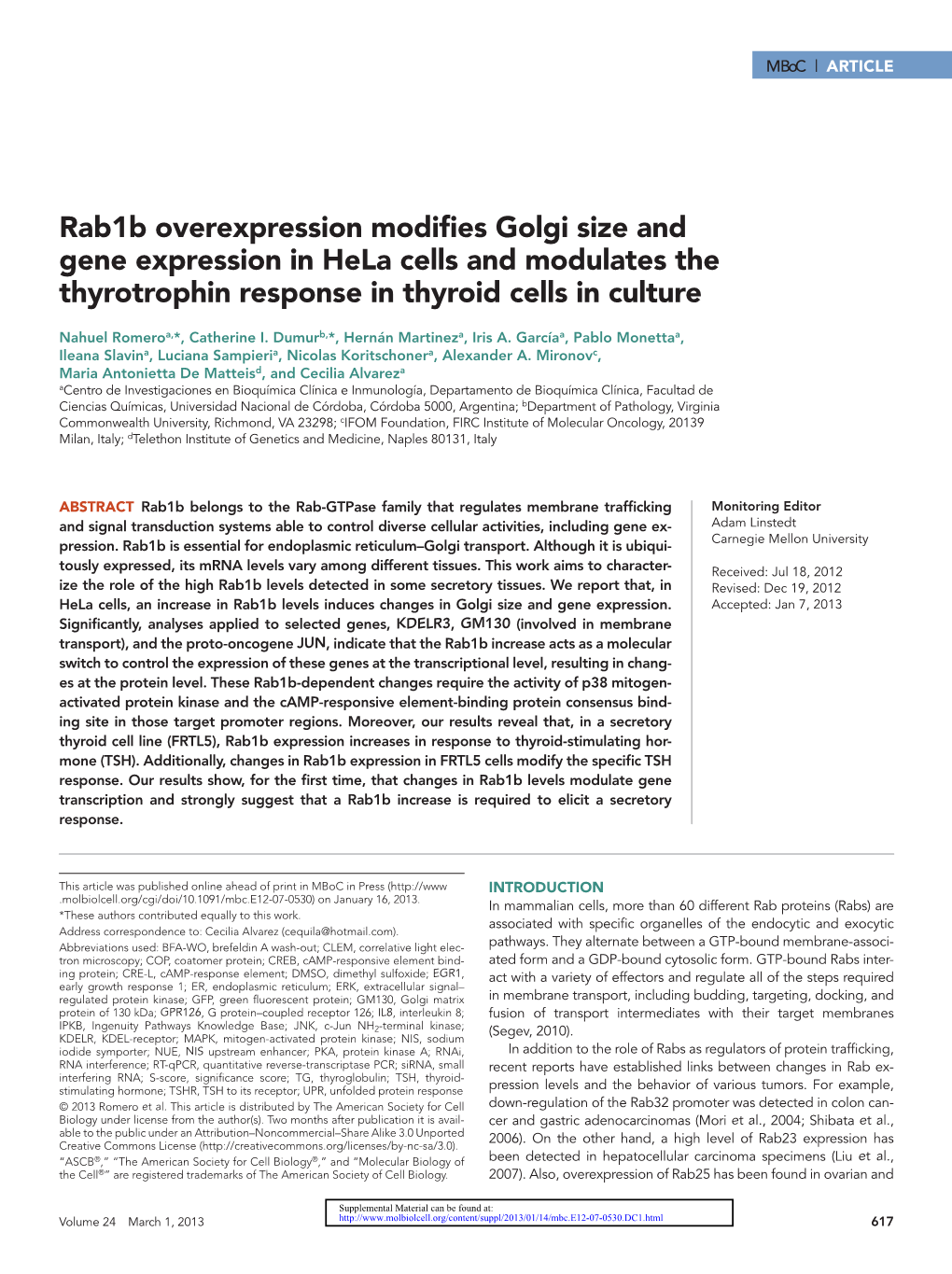 Rab1b Overexpression Modifies Golgi Size and Gene Expression in Hela Cells and Modulates the Thyrotrophin Response in Thyroid Cells in Culture