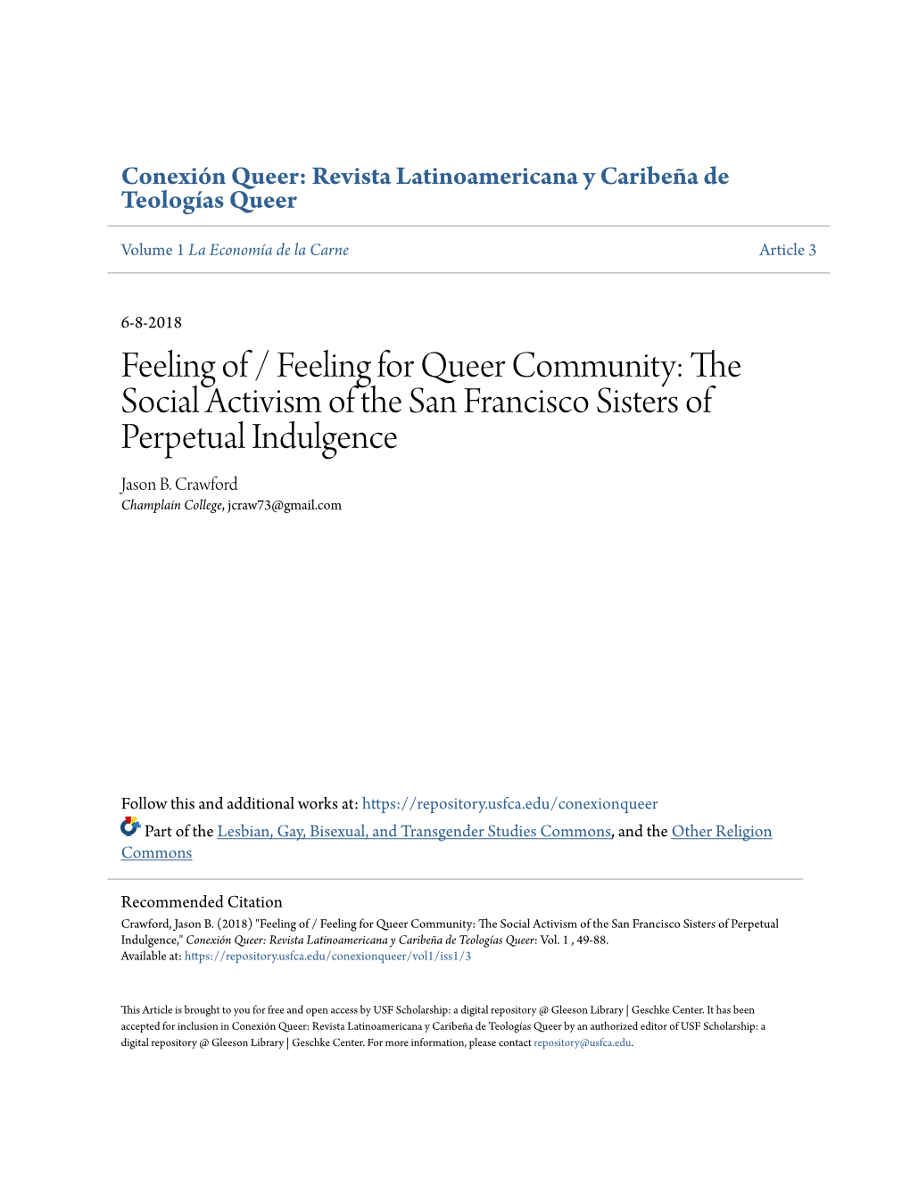 Feeling of / Feeling for Queer Community: the Social Activism of the San Francisco Sisters of Perpetual Indulgence Jason B