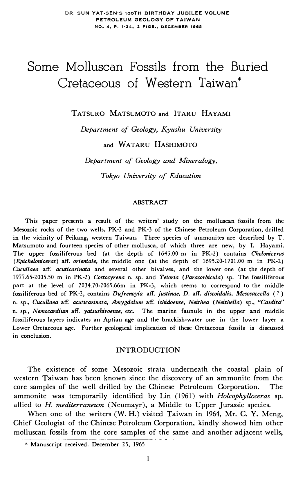 Some Molluscan Fossils from the Buried Cretaceous of Western Taiwan*