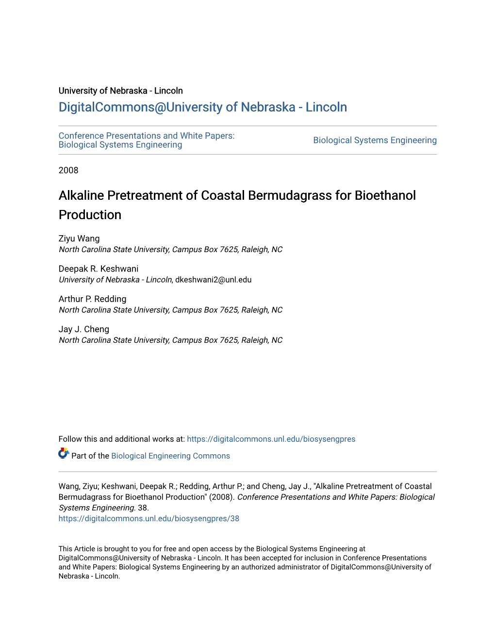 Alkaline Pretreatment of Coastal Bermudagrass for Bioethanol Production