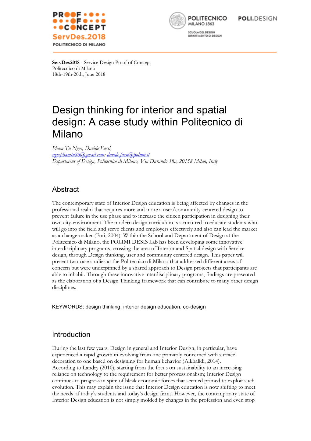 Design Thinking for Interior and Spatial Design: a Case Study Within Politecnico Di Milano