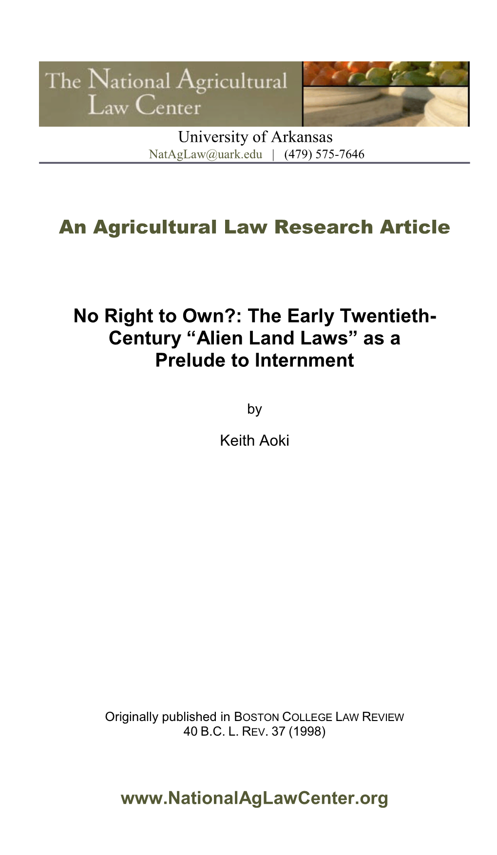 Alien Land Laws” As a Prelude to Internment