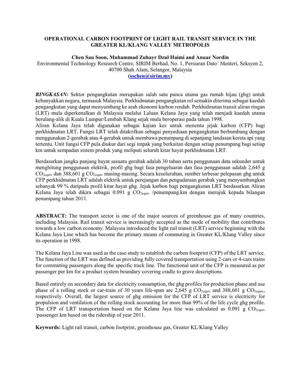 Operational Carbon Footprint of Light Rail Transit Service in the Greater Kl/Klang Valley Metropolis