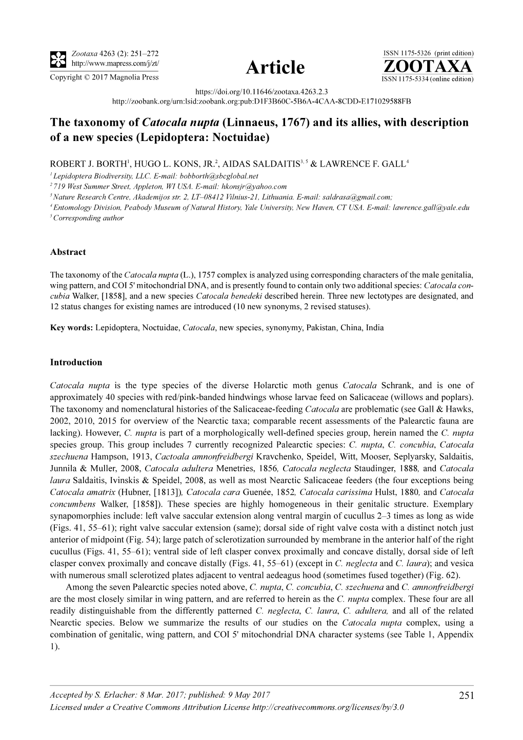 The Taxonomy of Catocala Nupta (Linnaeus, 1767) and Its Allies, with Description of a New Species (Lepidoptera: Noctuidae)