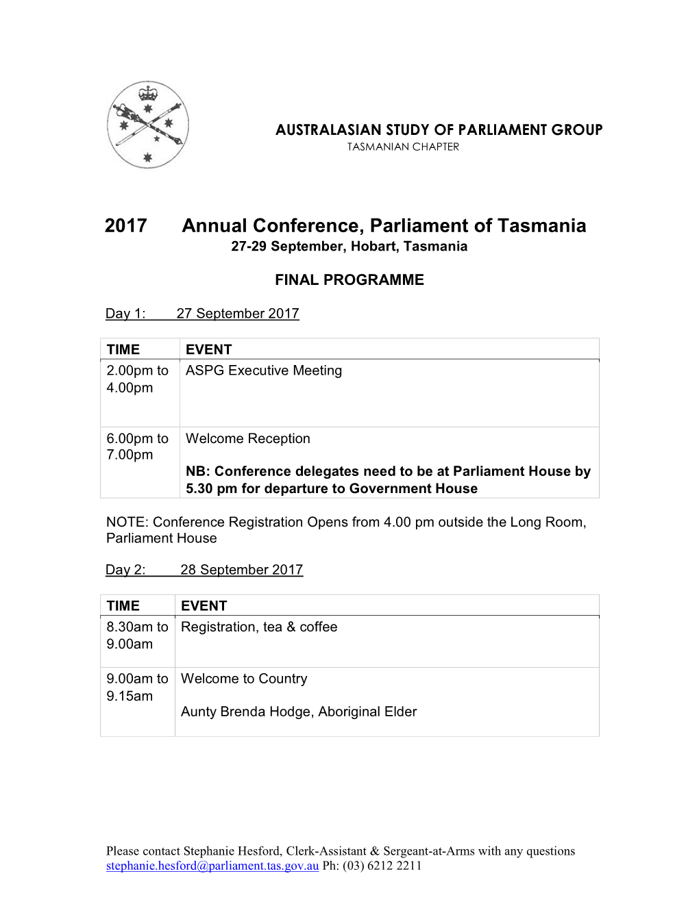 2017 Annual Conference, Parliament of Tasmania 27-29 September, Hobart, Tasmania