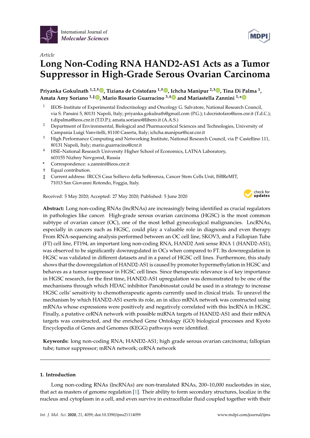 Long Non-Coding RNA HAND2-AS1 Acts As a Tumor Suppressor in High-Grade Serous Ovarian Carcinoma