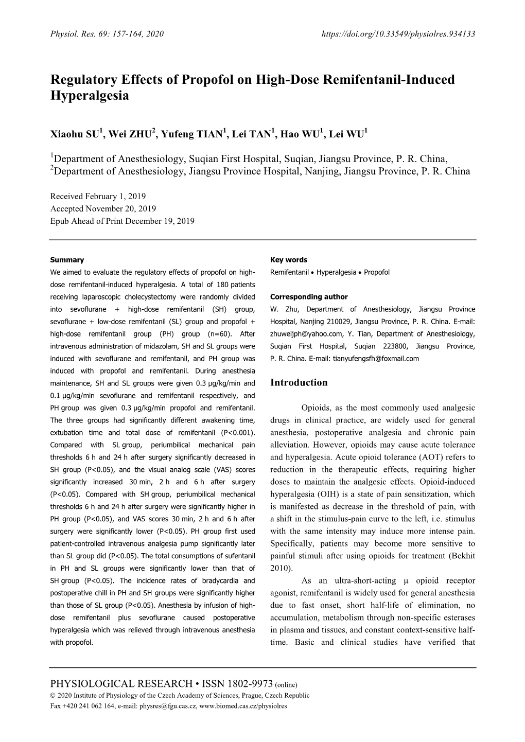 Regulatory Effects of Propofol on High-Dose Remifentanil-Induced Hyperalgesia