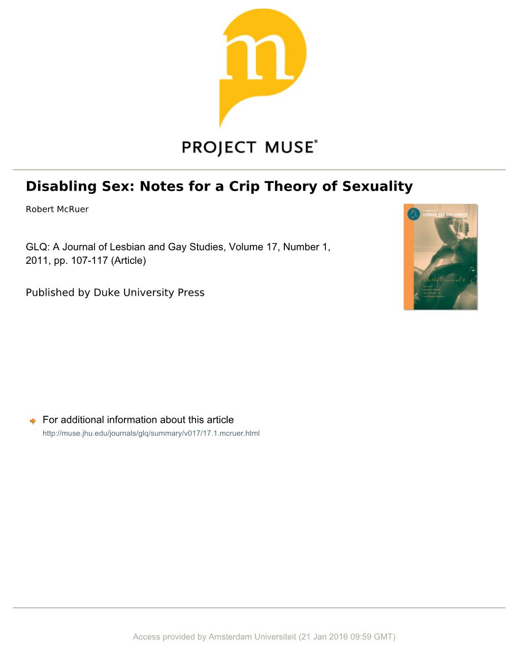 Disabling Sex: Notes for a Crip Theory of Sexuality