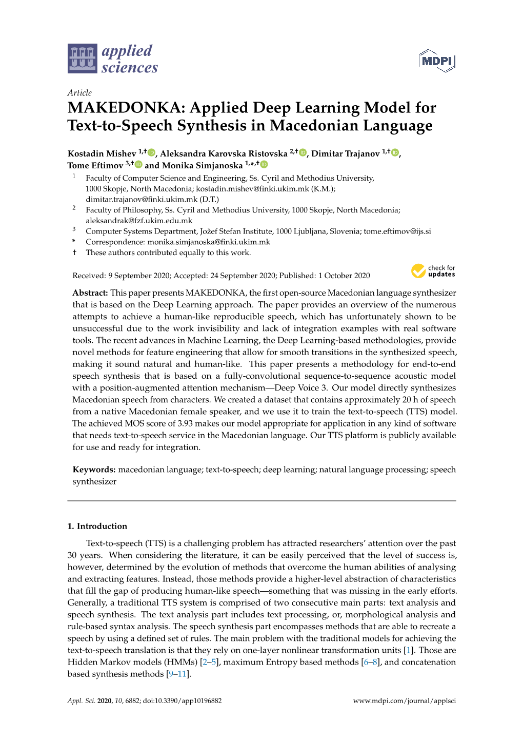 Applied Deep Learning Model for Text-To-Speech Synthesis in Macedonian Language