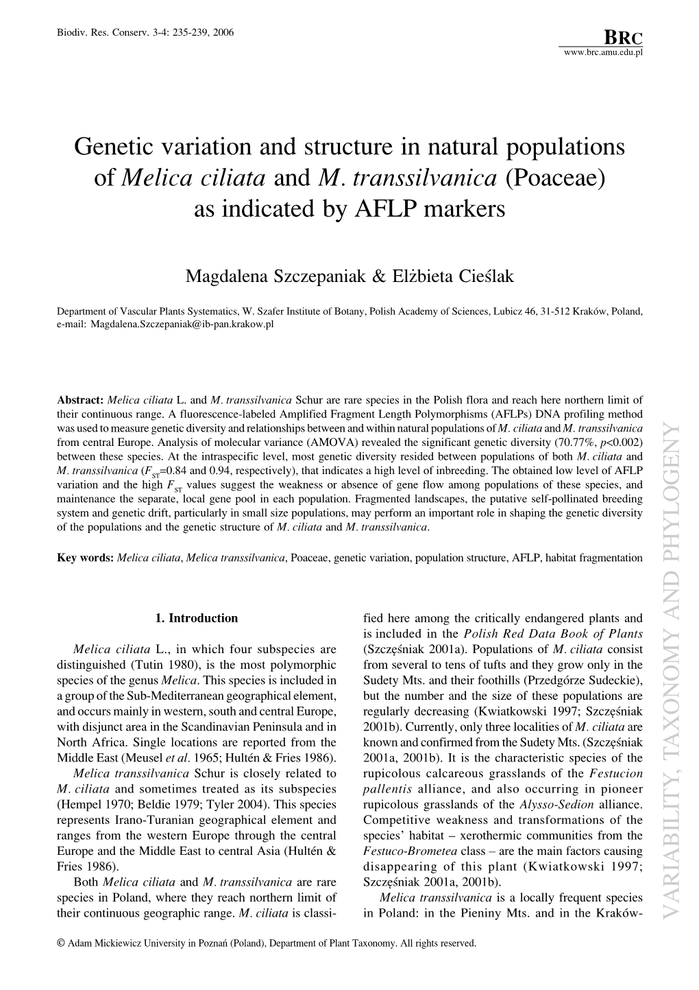 Genetic Variation and Structure in Natural Populations of Melica Ciliata and M.†Transsilvanica (Poaceae) As Indicated by AFLP Markers