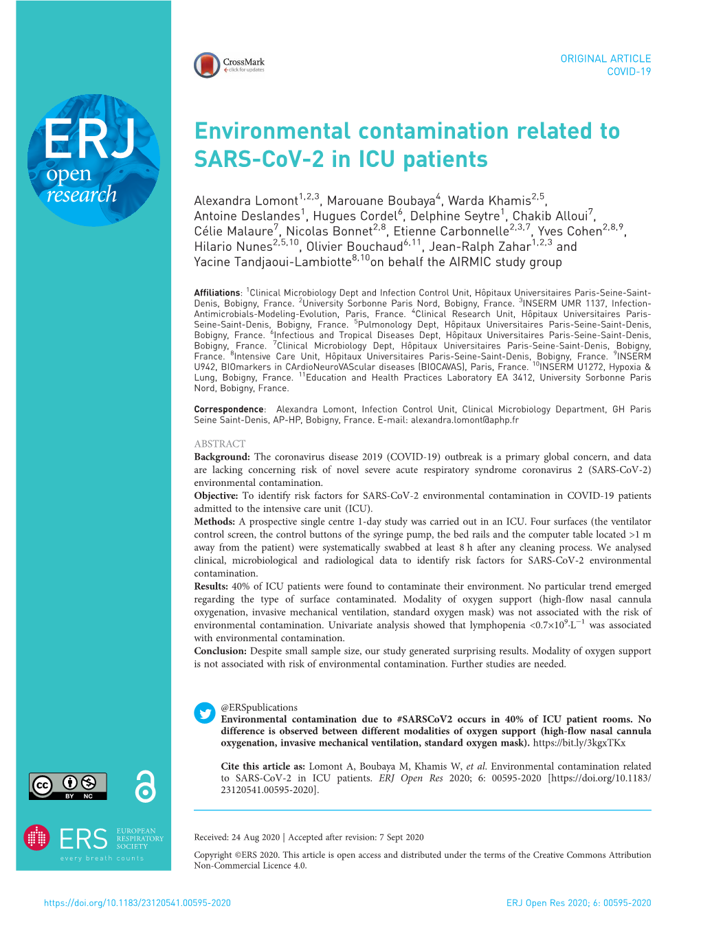 Environmental Contamination Related to SARS-Cov-2 in ICU Patients