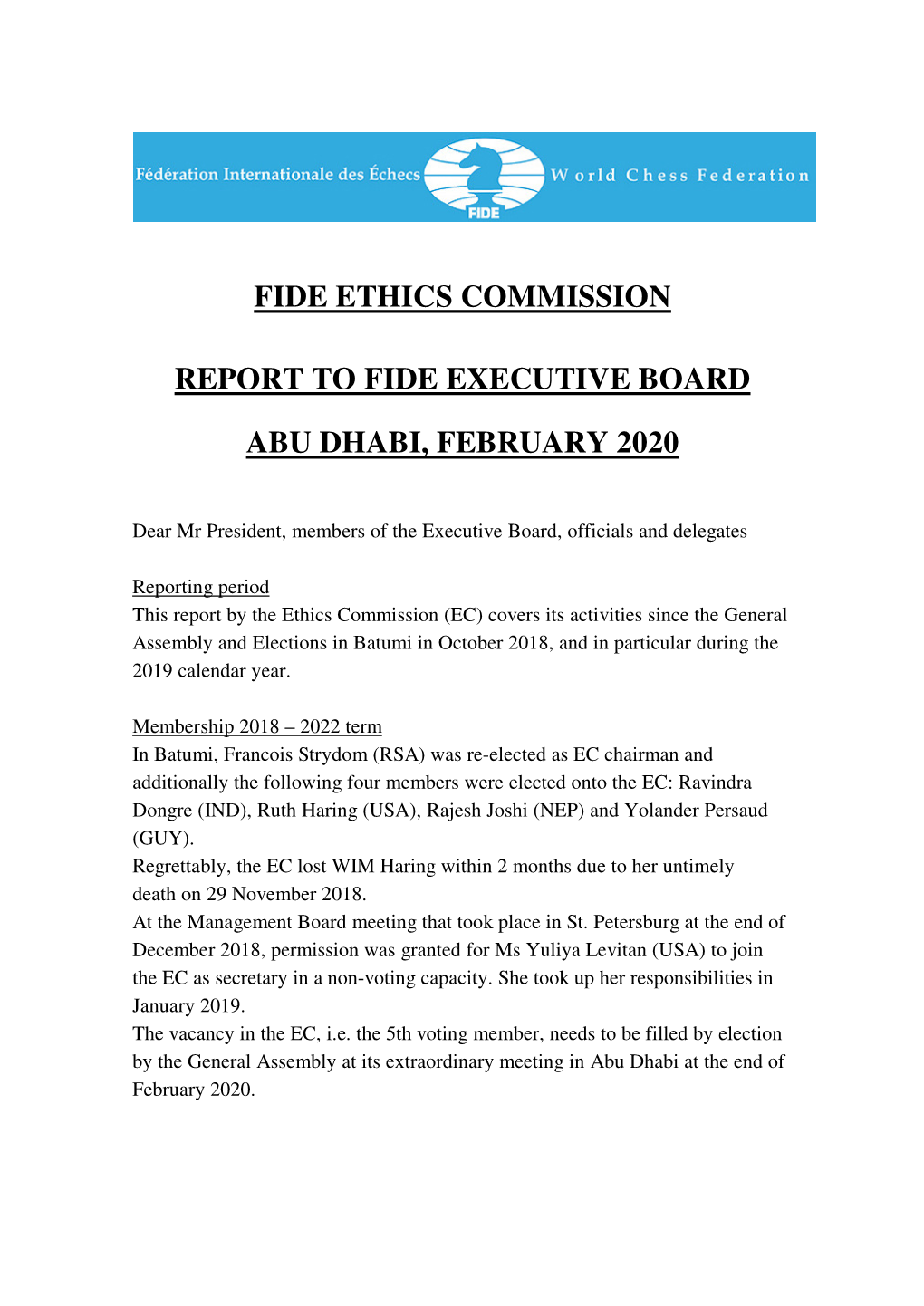 Fide Ethics Commission Report to Fide Executive Board Abu