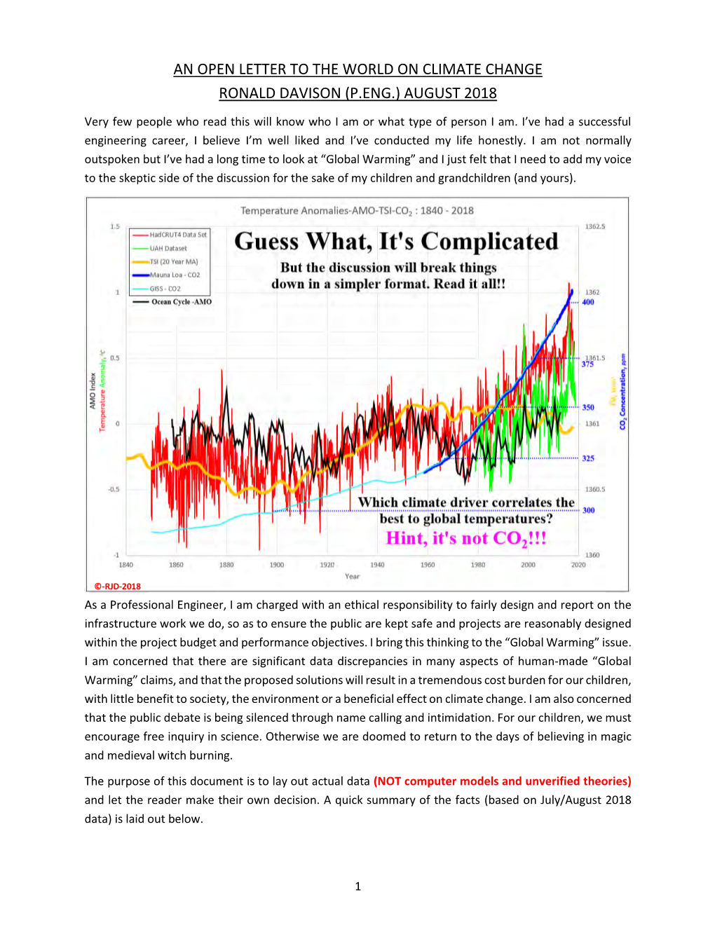 An Open Letter to the World on Climate Change Ronald Davison (P.Eng.) August 2018