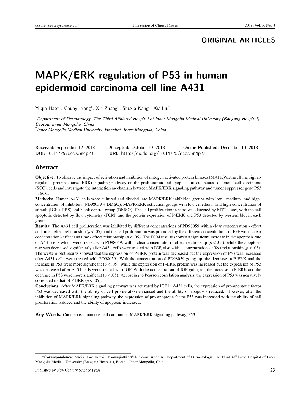 MAPK/ERK Regulation of P53 in Human Epidermoid Carcinoma Cell Line A431