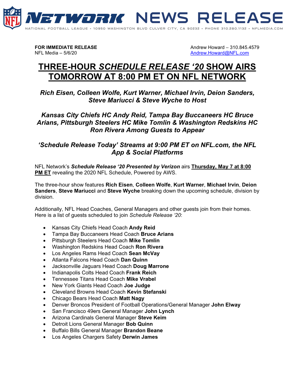 Three-Hour Schedule Release ‘20 Show Airs Tomorrow at 8:00 Pm Et on Nfl Network