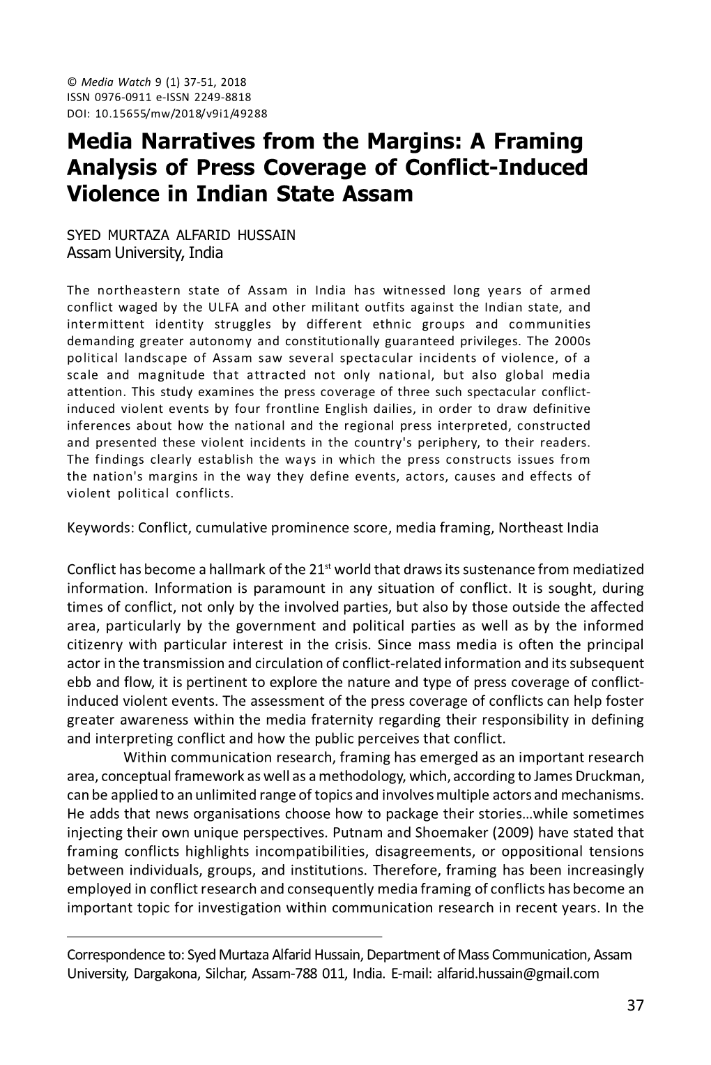 Media Narratives from the Margins: a Framing Analysis of Press Coverage of Conflict-Induced Violence in Indian State Assam