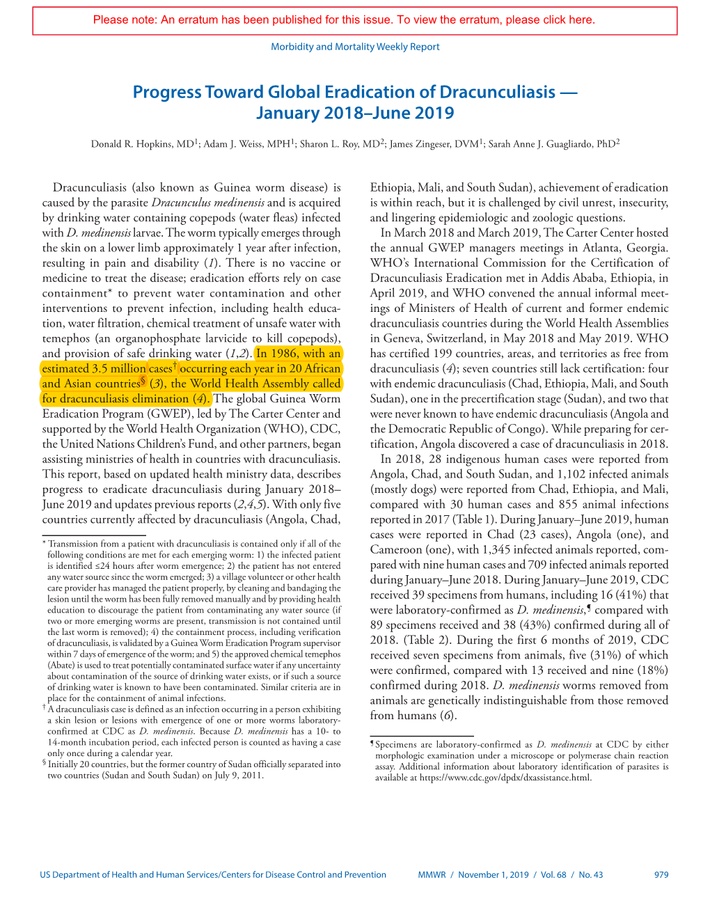 Progress Toward Global Eradication of Dracunculiasis — January 2018–June 2019