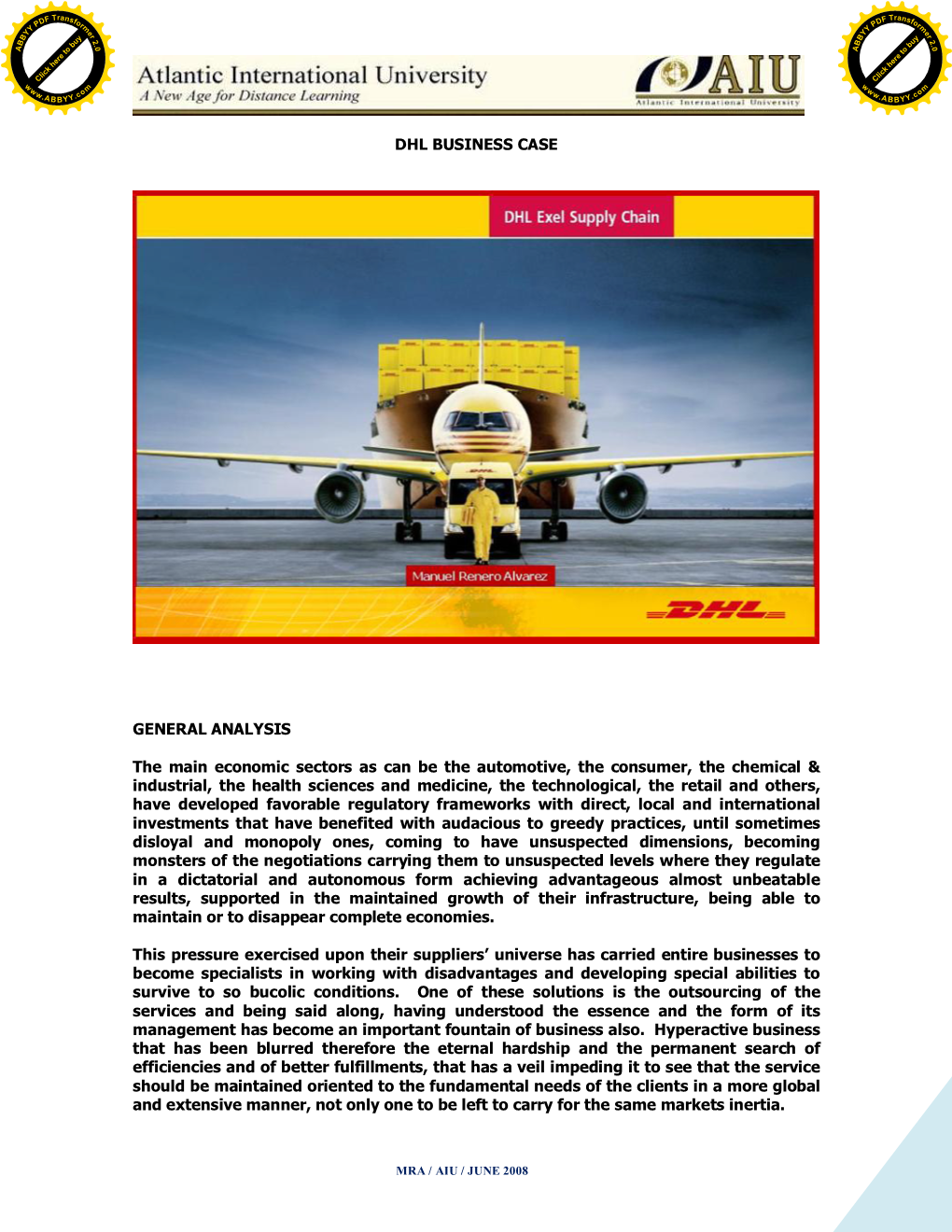 DHL BUSINESS CASE GENERAL ANALYSIS the Main Economic