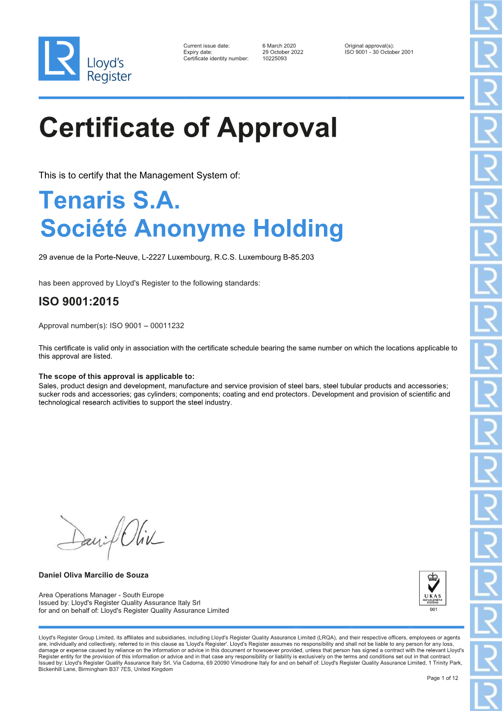 ISO 9001 Tenaris Global Lloyds Register Quality Assurance Quality System