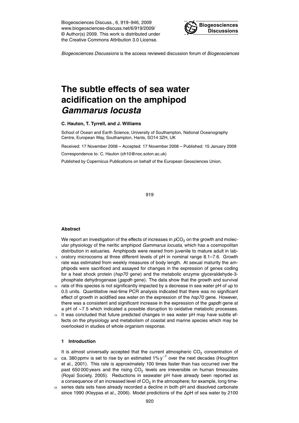 The Subtle Effects of Sea Water Acidification on the Amphipod Gammarus Locusta