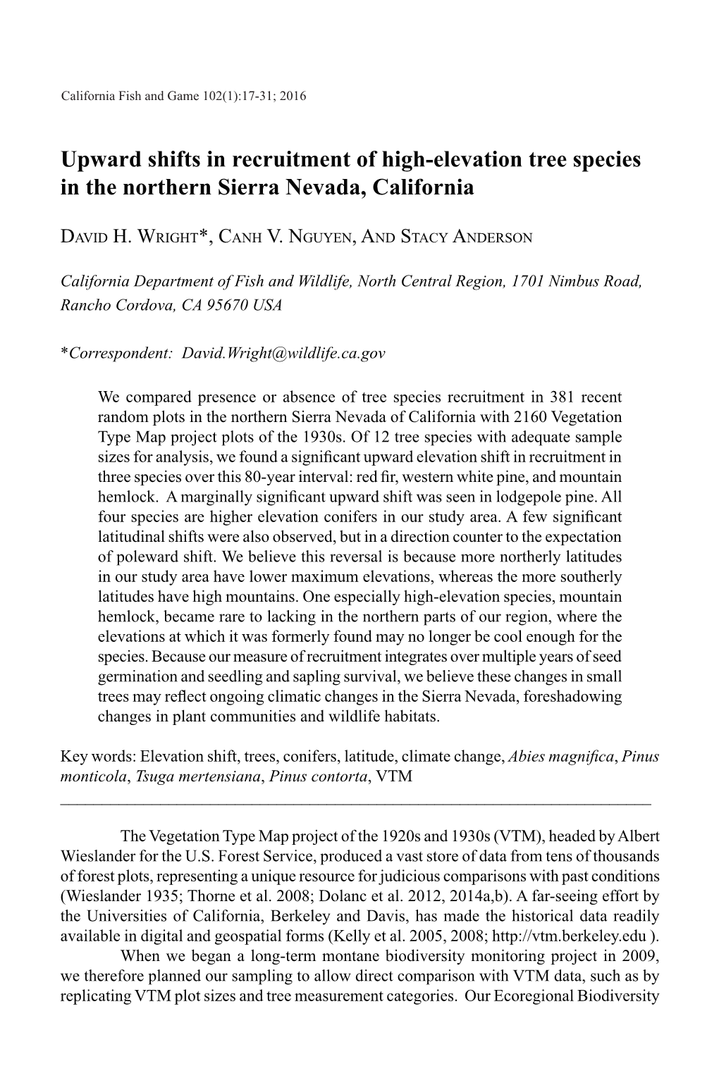 Upward Shifts in Recruitment of High-Elevation Tree Species in the Northern Sierra Nevada, California