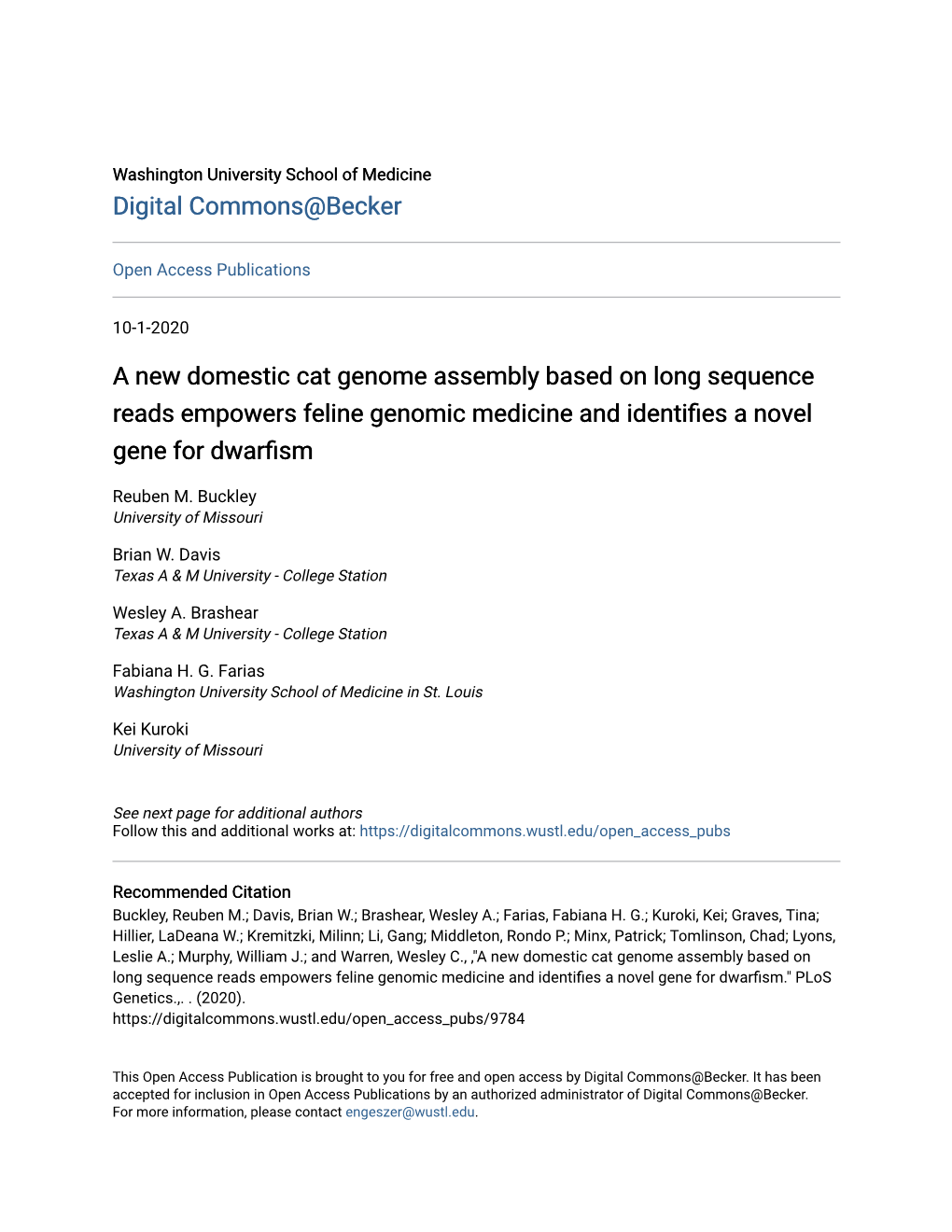 A New Domestic Cat Genome Assembly Based on Long Sequence Reads Empowers Feline Genomic Medicine and Identifies a Novel Gene for Dwarfism