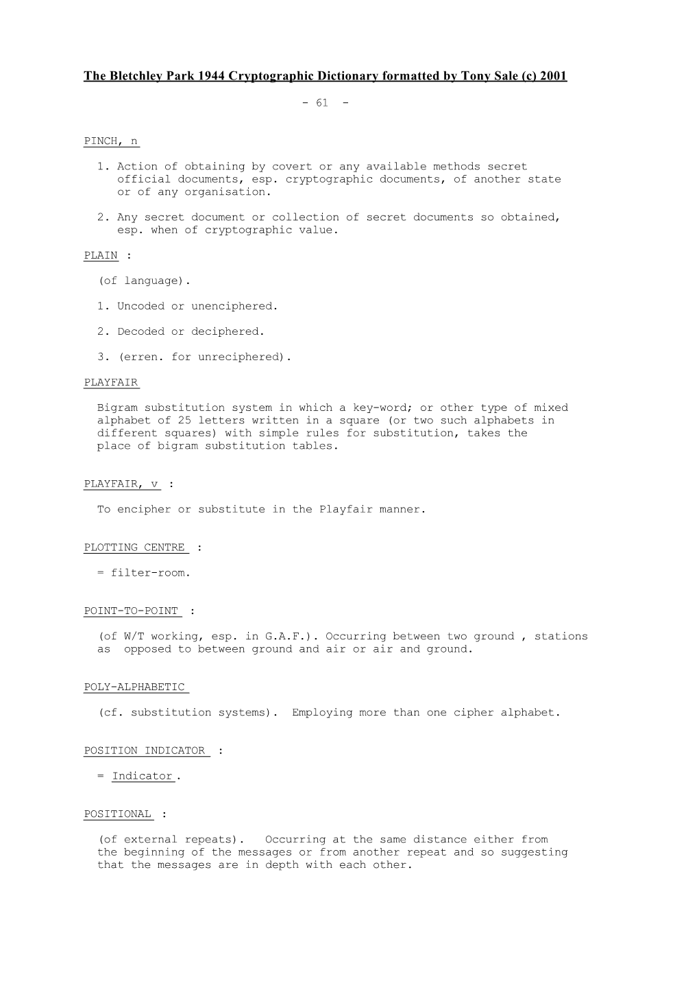 The Bletchley Park 1944 Cryptographic Dictionary Formatted by Tony Sale (C) 2001