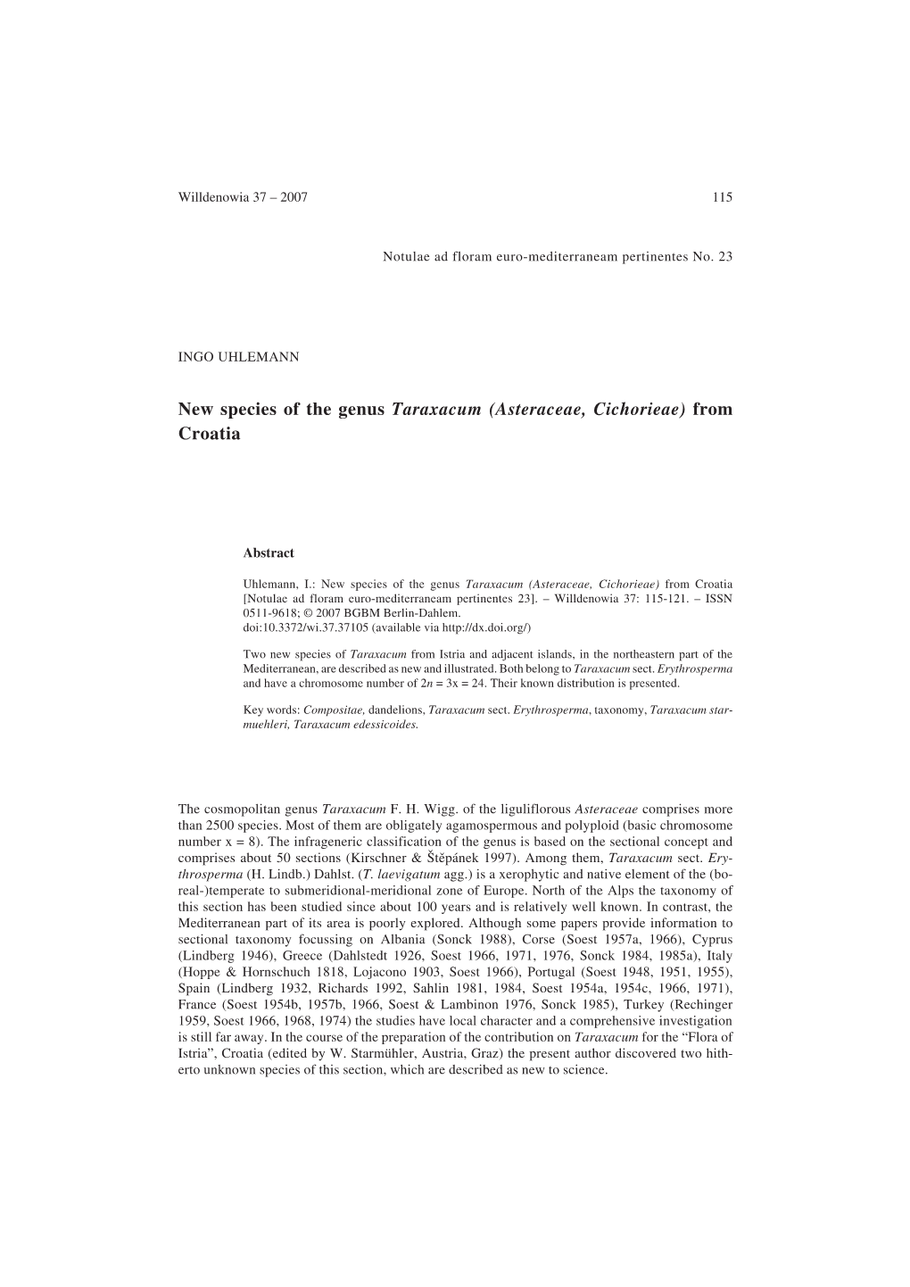 New Species of the Genus Taraxacum (Asteraceae, Cichorieae) from Croatia