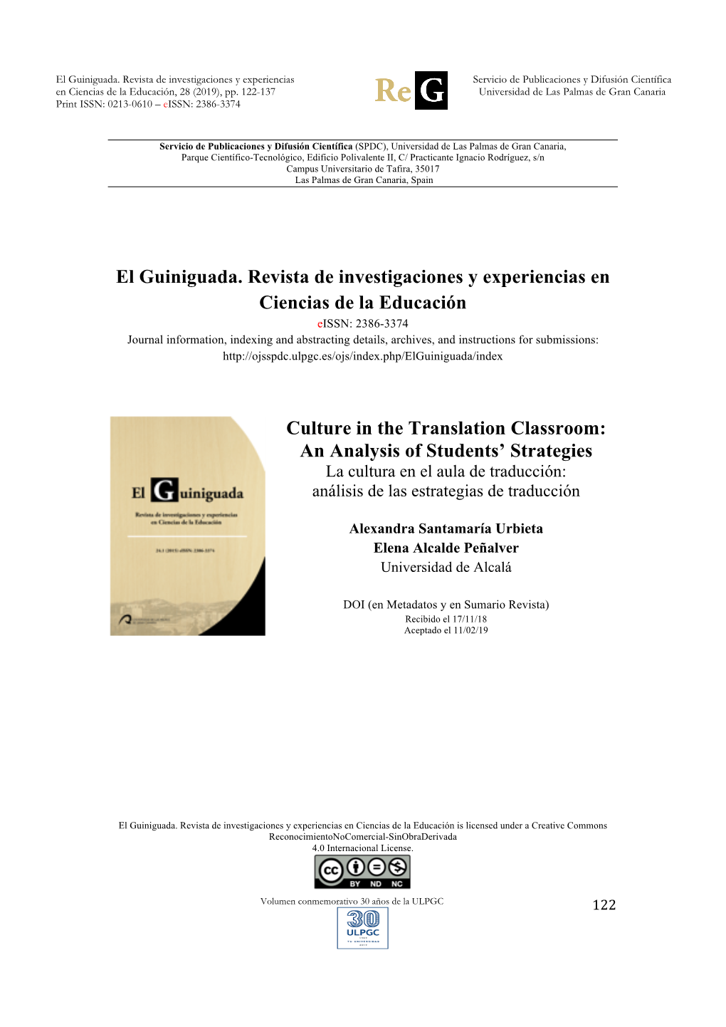El Guiniguada. Revista De Investigaciones Y Experiencias Servicio De Publicaciones Y Difusión Científica En Ciencias De La Educación, 28 (2019), Pp