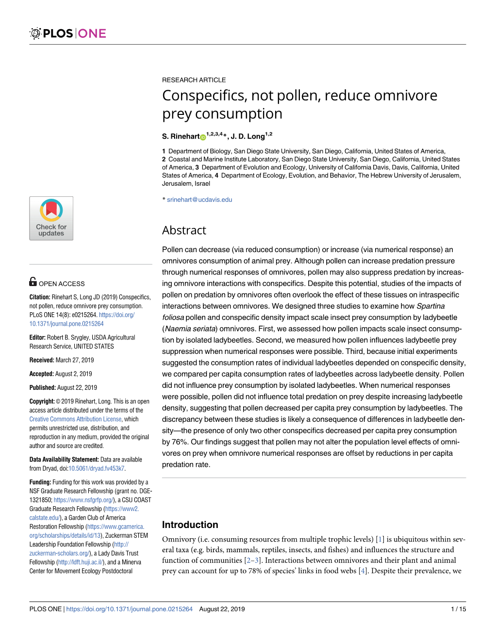 Conspecifics, Not Pollen, Reduce Omnivore Prey Consumption