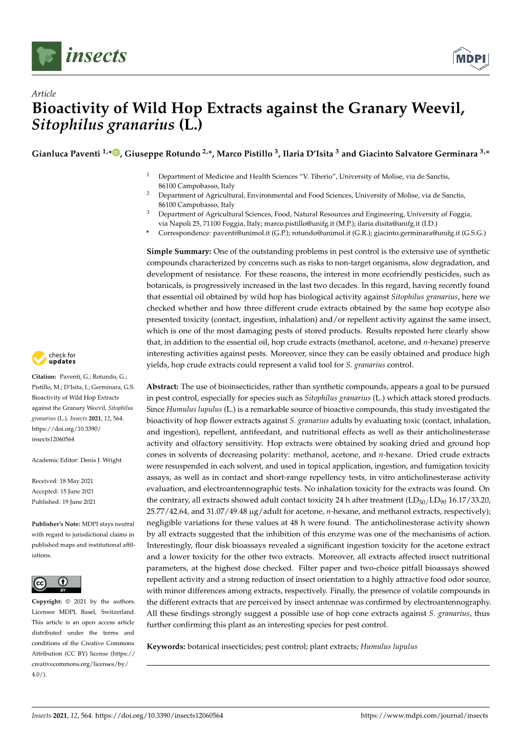 Bioactivity of Wild Hop Extracts Against the Granary Weevil, Sitophilus Granarius (L.)