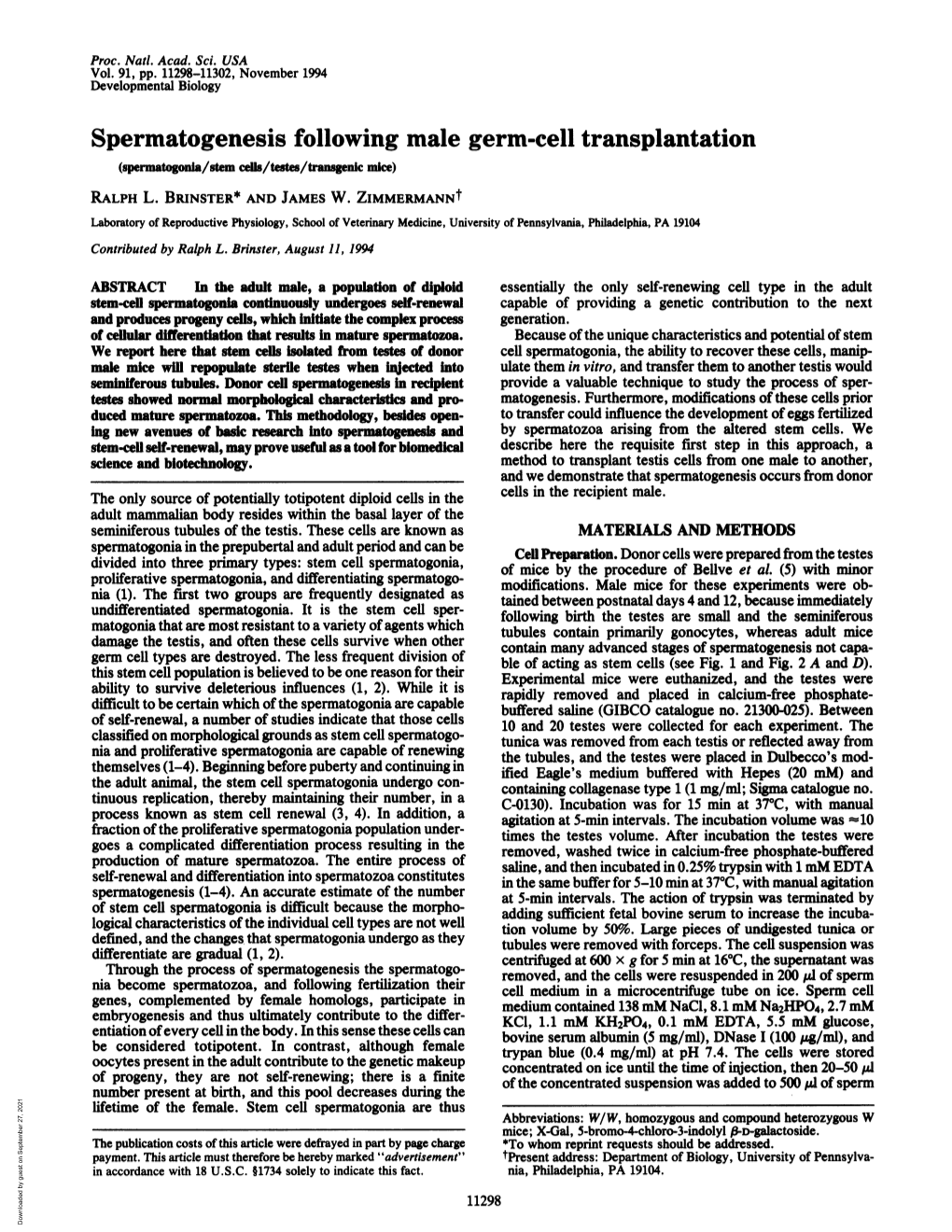 Spermatogenesis Following Male Germ-Cell Transplantation (Spermatogonia/Stem Cd/Testes/ Nsc Mice) RALPH L