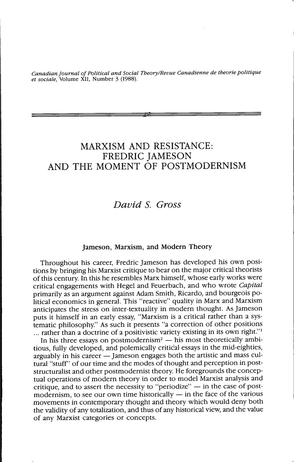 Marxism and Resistance : Fredric Jameson and the Moment of Postmodernism