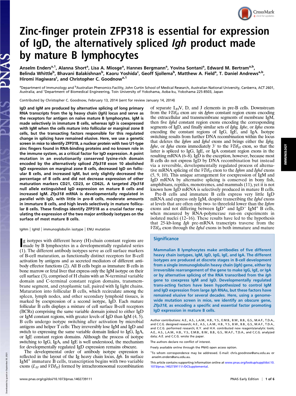 Zinc-Finger Protein ZFP318 Is Essential for Expression of Igd, the Alternatively Spliced Igh Product Made by Mature B Lymphocytes