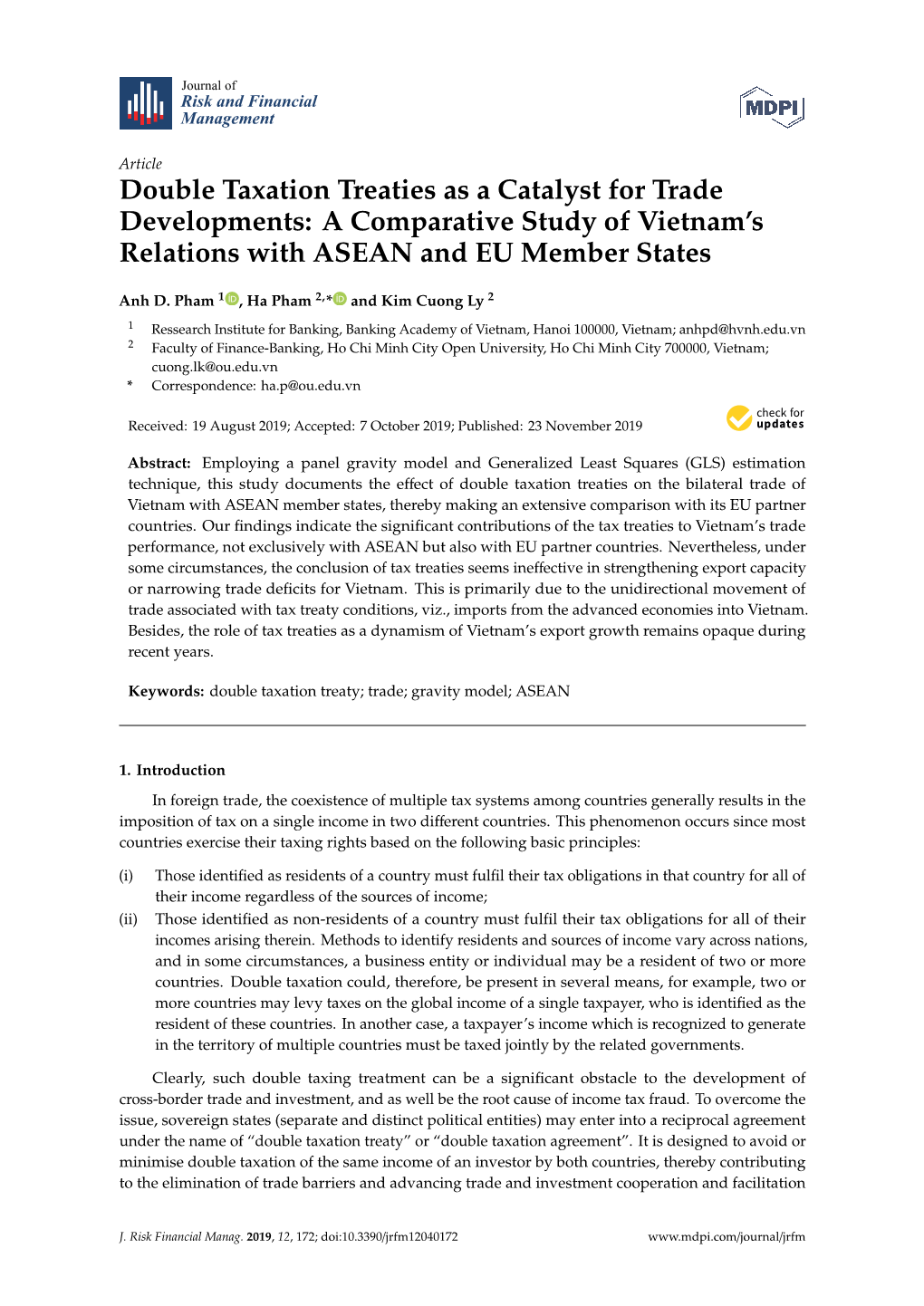 Double Taxation Treaties As a Catalyst for Trade Developments: a Comparative Study of Vietnam’S Relations with ASEAN and EU Member States