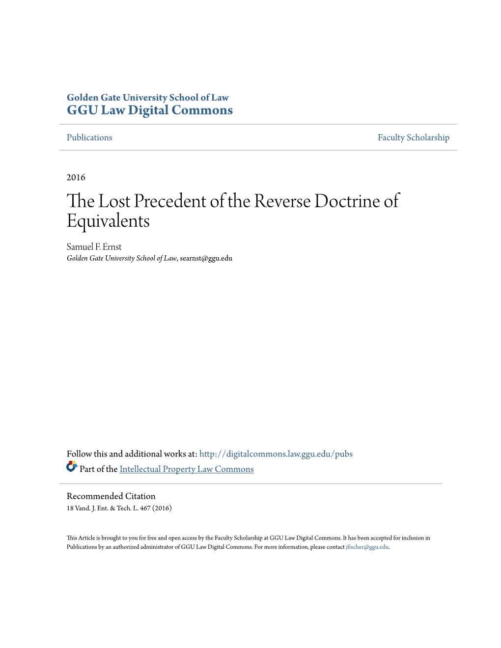 The Lost Precedent of the Reverse Doctrine of Equivalents Samuel F